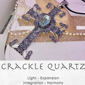 Crackled Crystal Quartz Gemstone Huge Handmade Cross Pendant Necklace